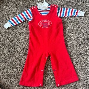 Vintage 80s Red Baby Romper with Football Graphic and Striped Tee